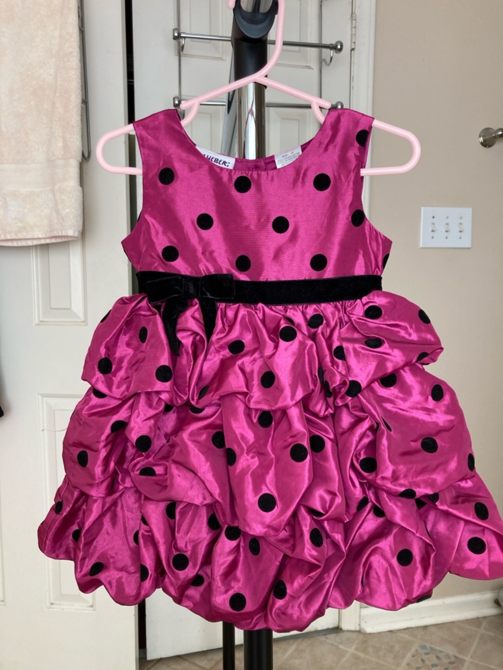 Toddler girl Fuchsia Pink Polka Dot Ruffled Formal Dress with Black Velvet Bow